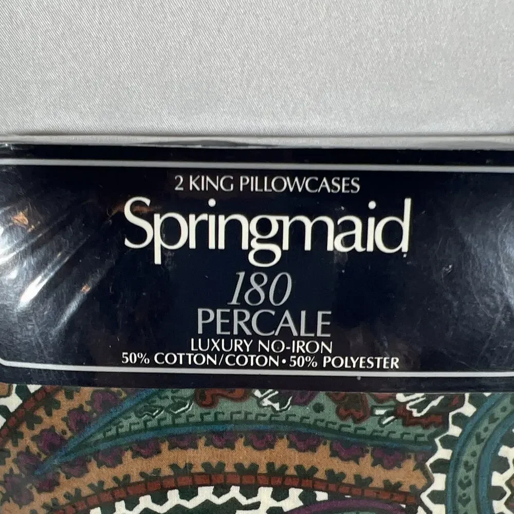 Vintage Springmaid 180 Percale No-Iron King Pillowcase Paisley Green Brown USA
